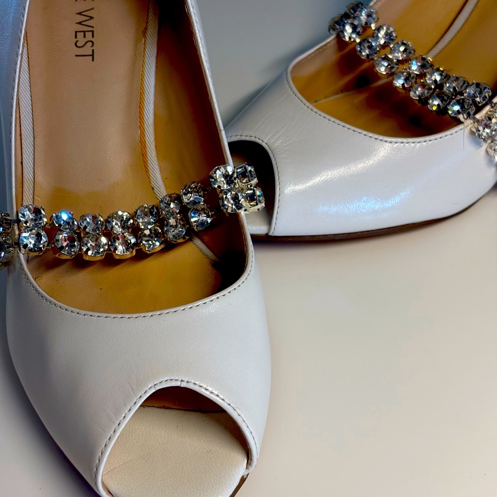 Nine West White Crystal Embellished Heels
